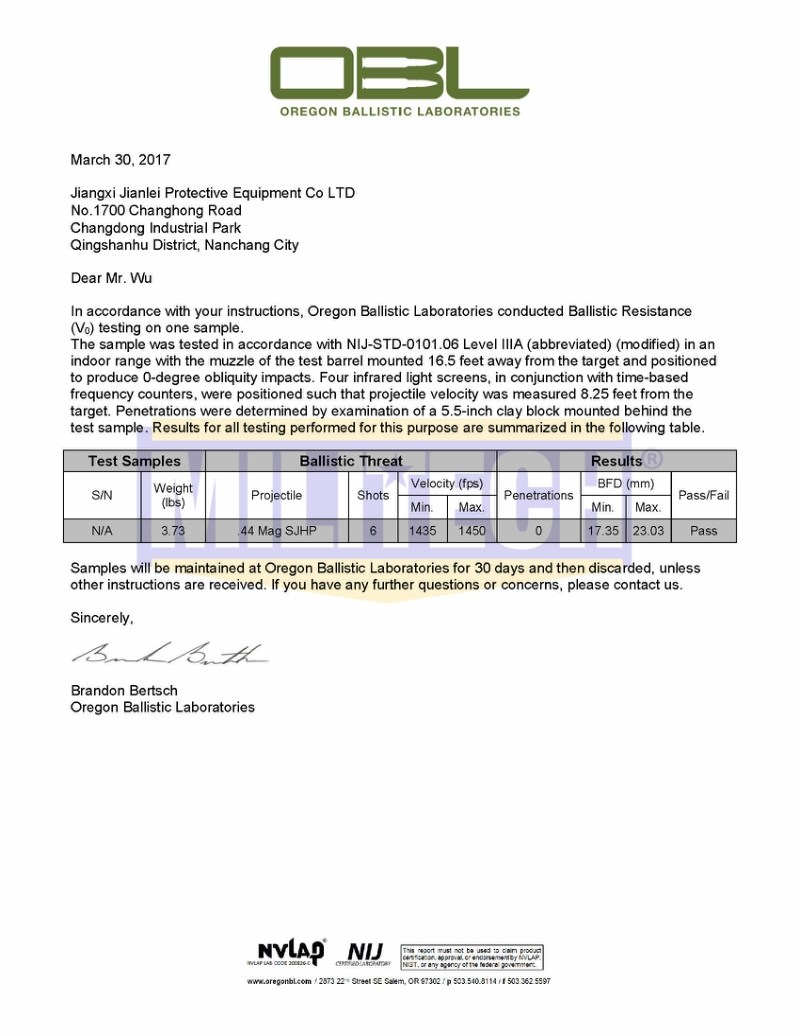 Bulletproof Vest OBL NIJ IIIA 0101.06 .44 Magnum Test Report 1